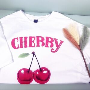 SHEIN White and Red Cherry Graphic Short Sleeve Tee